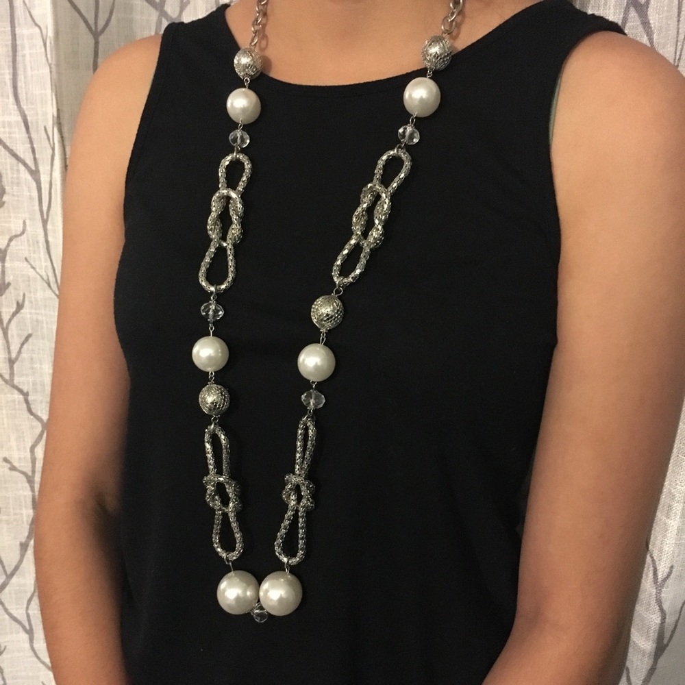 Long Silver and Pearl Necklace